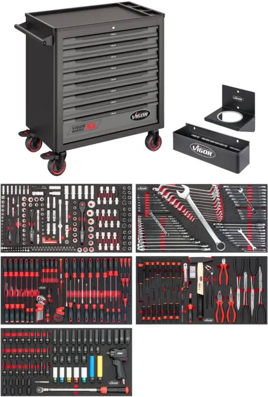 VIGOR Werkstattwagen Series XL Kunststoff-Arbeitsplatte mit Sortiment V4481/466 Kracherpreis