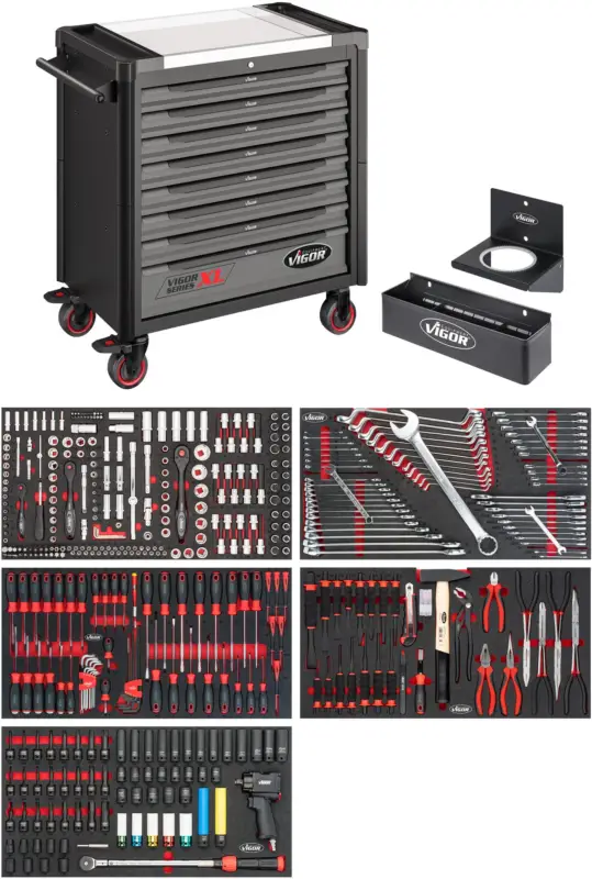 VIGOR Werkstattwagen Series XL Edelstahl-Arbeitsplatte mit Sortiment V4481-X/466 Billig