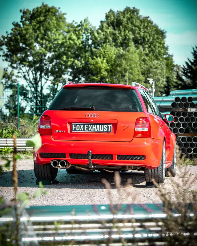 Sonderaktion Fox Audi RS4 B5 - Edelstahl-System End- und Vorschalldämpfer 90mm - 2x90 Typ 25 - inkl. Y-Adapter auf 76mm Downpipes