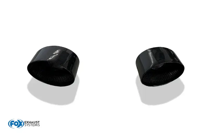 Geprüft Fox Anschweißendrohr Typ 38 - Rechts & Links RS3-Look 160x130 mm / Länge: 180 mm - ovalschwarz emailliert- 1x seitlich nach rechts und 1x seitlich nach links abgeschrägt Anschluss: 63,5mm innen mit Schelle
