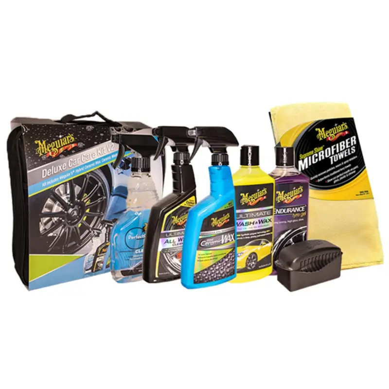 Meguiar’s® Deluxe Car Care Autopflegeset, inkl. Ultimate Wash & Wax, Hybrid-Ceramic Sprühwachs, Glasreiniger Reifengel & Mehr Neue Kollektion
