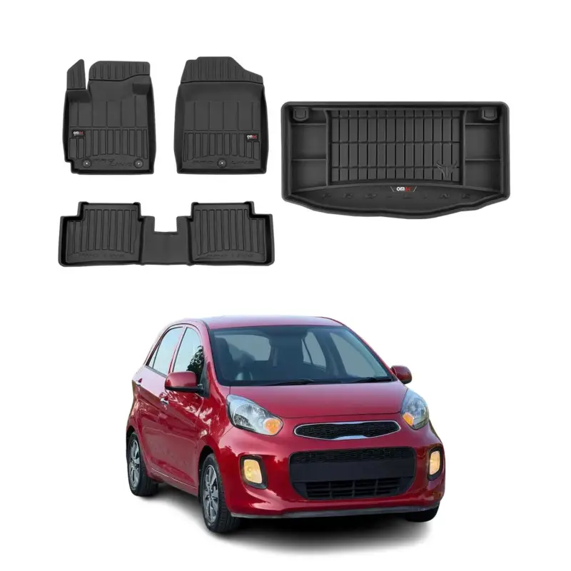 Billig OMAC Fußmatten & Kofferraumwanne Set für Kia Picanto 2011-2017 Gummi Schwarz 4x