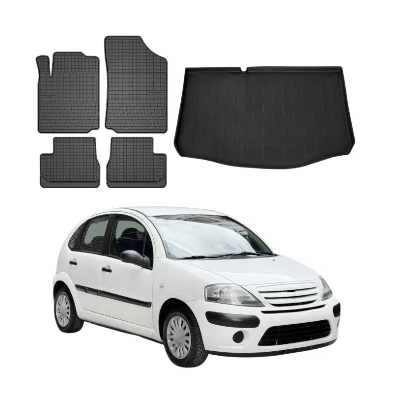 Expressversand Fußmatten & Kofferraumwanne Set für Citroen C3 2002-2009 Gummi TPE Schwarz 5x