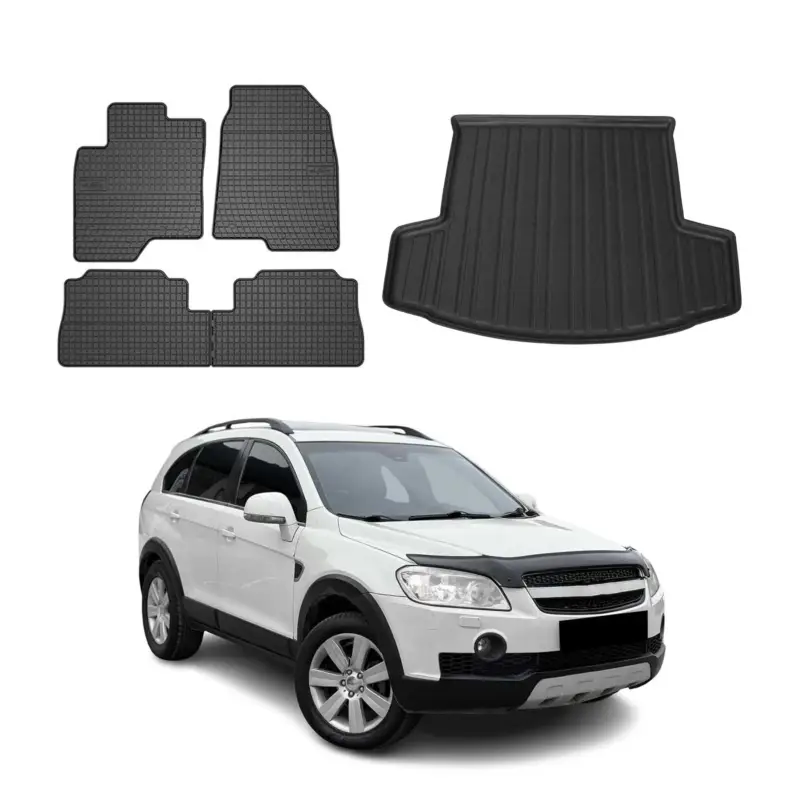 Echt Fußmatten & Kofferraumwanne Set für Chevrolet Captiva 2006-2018 Gummi Schwarz 5x