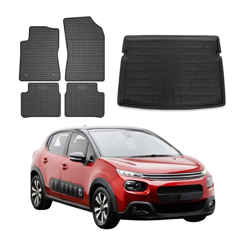 Letzte Chance Fußmatten & Kofferraumwanne Set für Citroen C3 Schrägheck 2016-2024 Gummi 5x