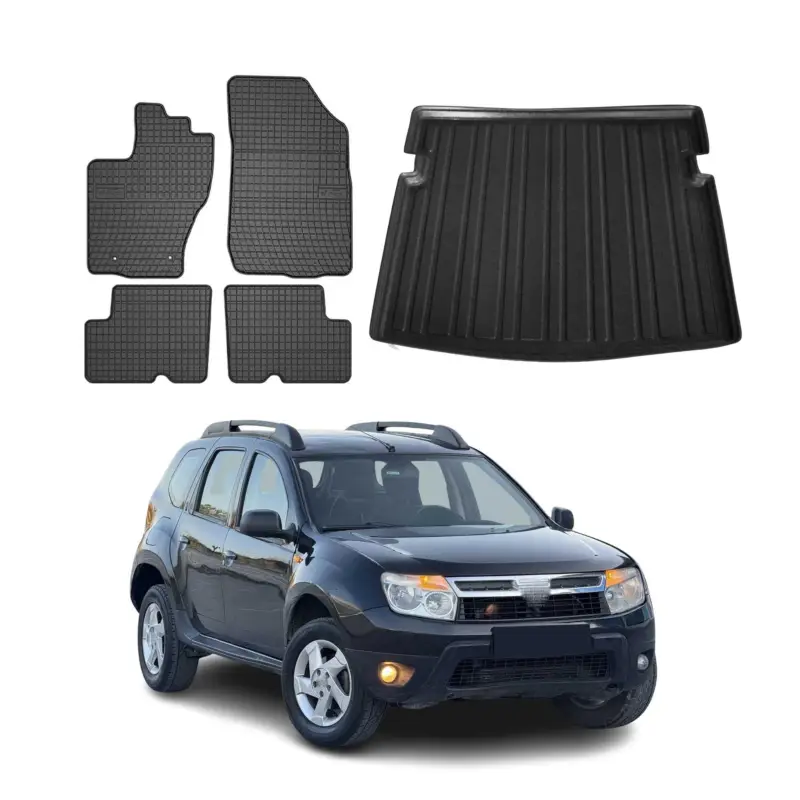 Must-Have Fußmatten & Kofferraumwanne Set für Dacia Duster 2010-2018 Gummi TPE Schwarz 5x