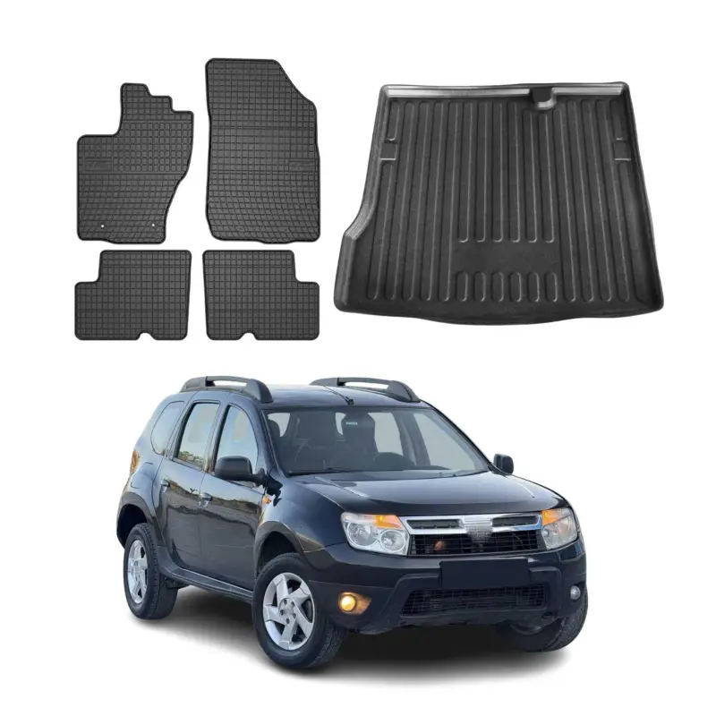 Preis Gesenkt Fußmatten & Kofferraumwanne Set für Dacia Duster 2 2010-2018 Gummi Schwarz 5x