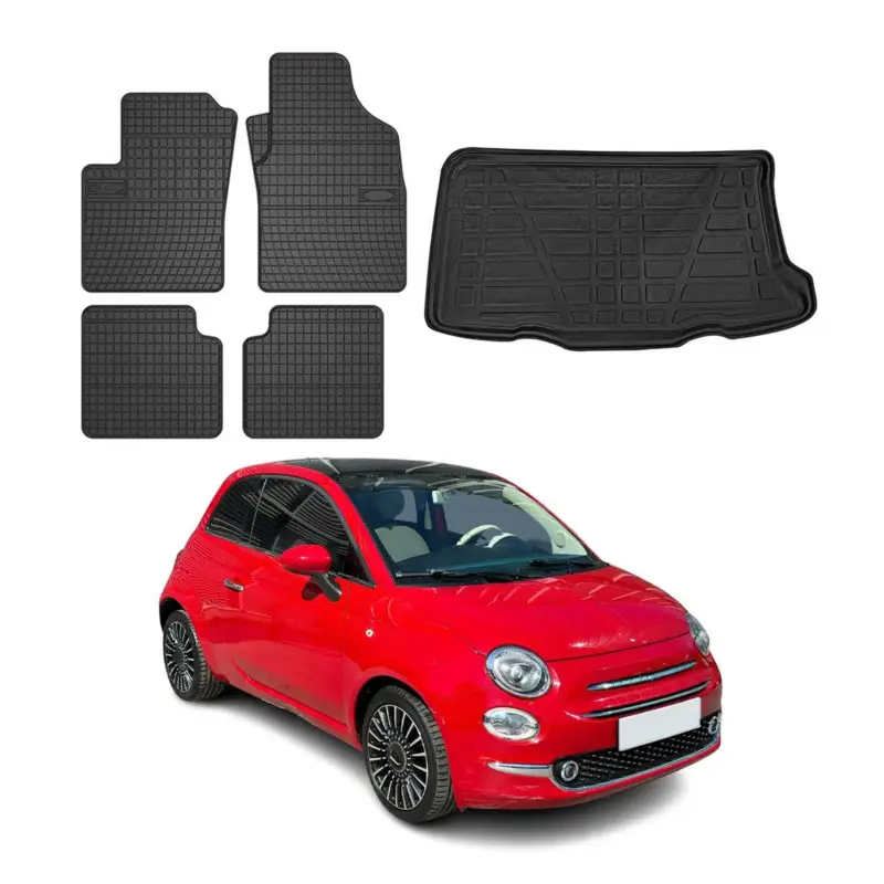Fußmatten & Kofferraumwanne Set für Fiat 500 2012-2026 Gummi TPE Schwarz 5x Kracherpreis