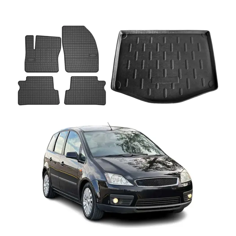 Must-Have Fußmatten & Kofferraumwanne Set für Ford C-Max 2007-2010 Gummi TPE Schwarz 5x