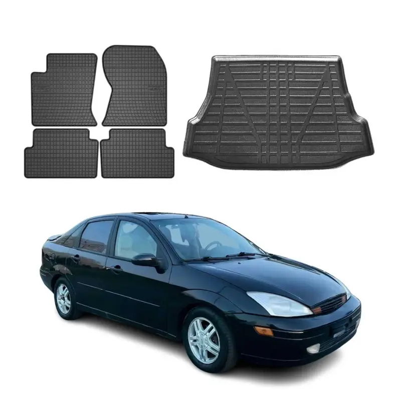 Neu Fußmatten & Kofferraumwanne Set für Ford Focus mk1 1998-2004 Limo TPE Schwarz 5x