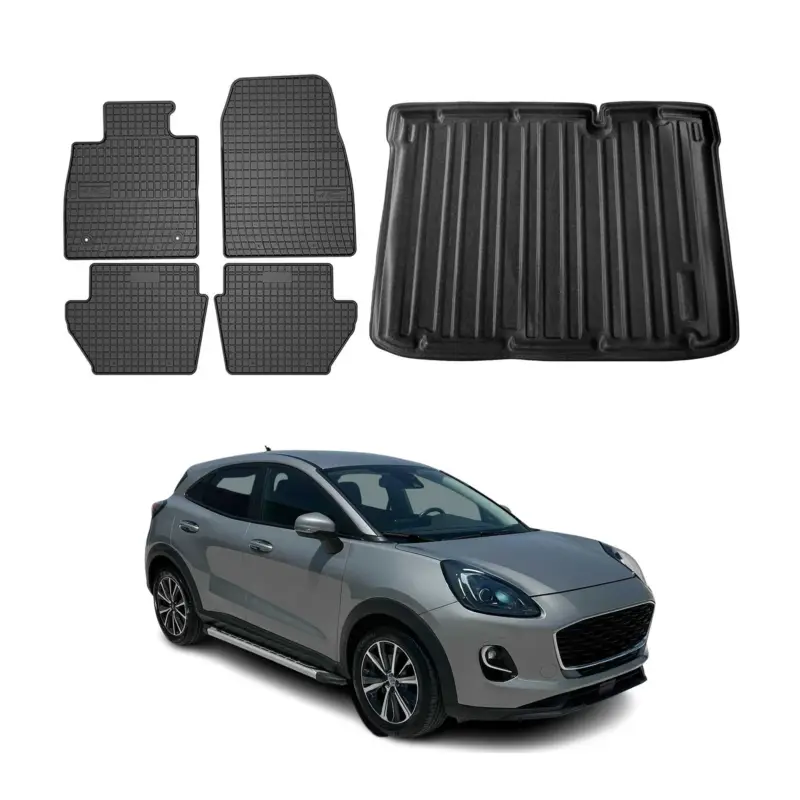 Echt Fußmatten & Kofferraumwanne Set für Ford Puma Untere 2019-2026 Gummi Schwarz 5x