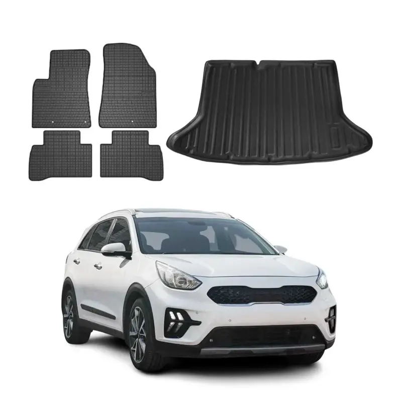 Zertifiziert Fußmatten & Kofferraumwanne Set für Kia Niro I 2017-2022 Gummi TPE Schwarz 5x