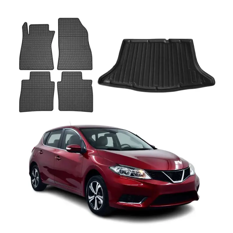Online Kaufen Fußmatten & Kofferraumwanne Set für Nissan Pulsar 2014-2018 Gummi Schwarz 5x