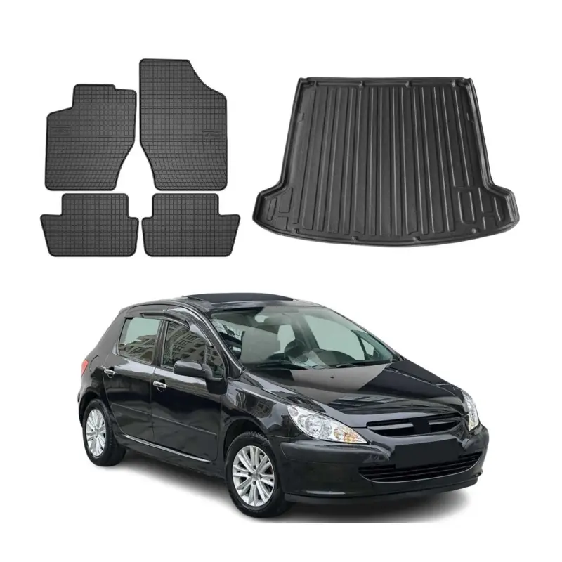 Fußmatten & Kofferraumwanne Set für Peugeot 307 2001-2009 Gummi TPE Schwarz 5x Nur Für Kurze Zeit