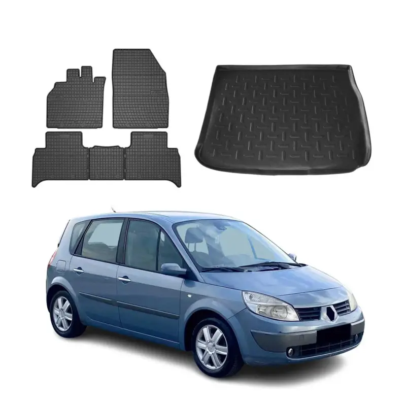 Sofort Bestellen Fußmatten & Kofferraumwanne Set für Renault Scenic 2003-2009 Gummi TPE Schwarz