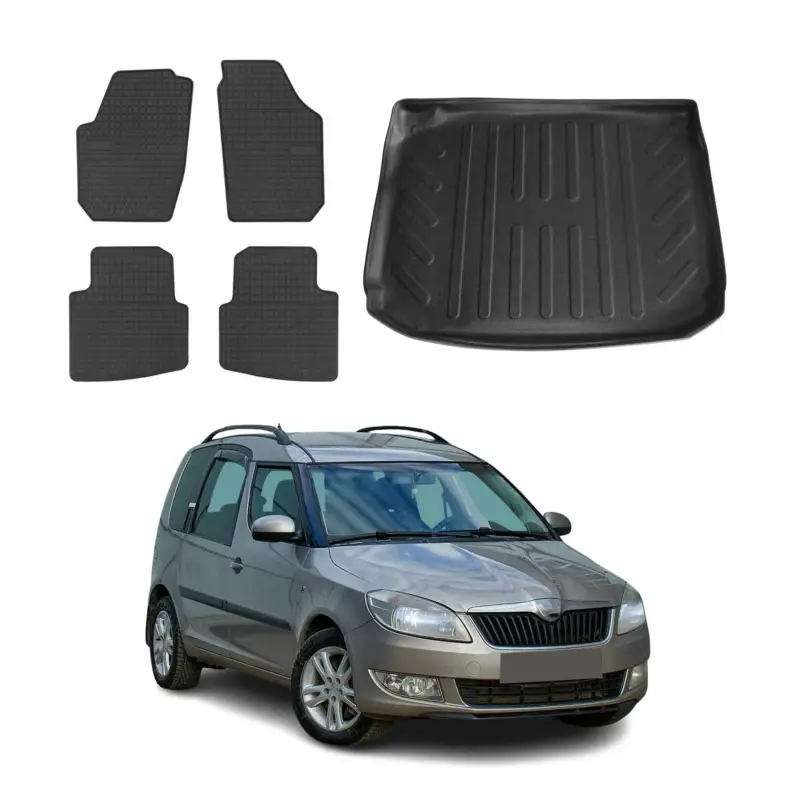 Billig Fußmatten & Kofferraumwanne Set für Skoda Roomster 2006-2015 Gummi Schwarz 5x