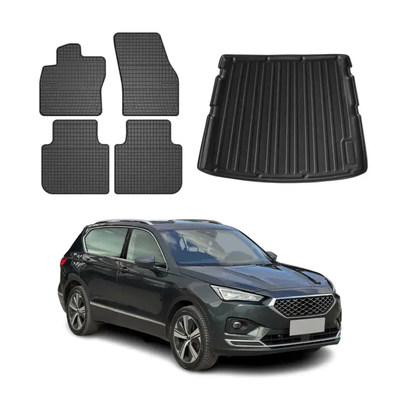 Fußmatten & Kofferraumwanne Set für Seat Tarraco 2019-2024 Gummi TPE Schwarz 5x Versand Am Gleichen Tag