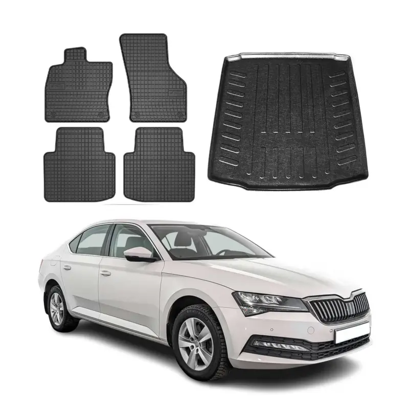 Aktuell Fußmatten & Kofferraumwanne Set für Skoda Superb 2015-2024 Gummi TPE Schwarz 5x