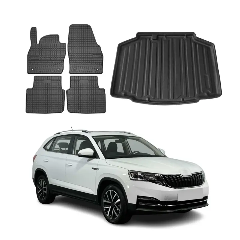Fußmatten & Kofferraumwanne Set für Skoda Kamiq 2019-2026 Gummi TPE Schwarz 5x Versand Am Gleichen Tag