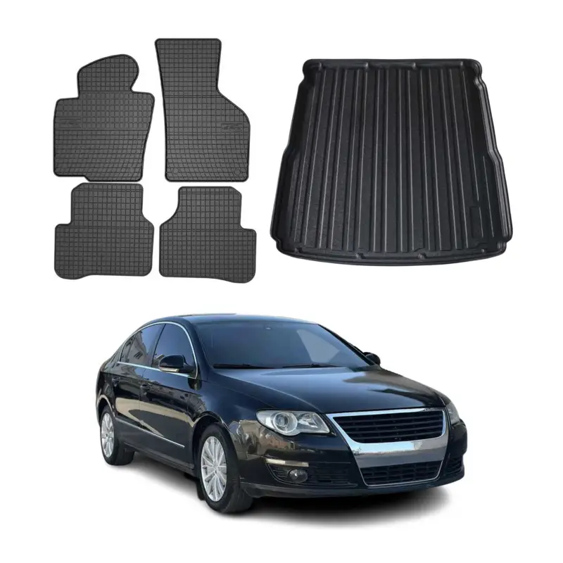 Sichere Zahlung Fußmatten & Kofferraumwanne Set für VW Passat 2005-2010 Obere Gummi Schwarz 5x