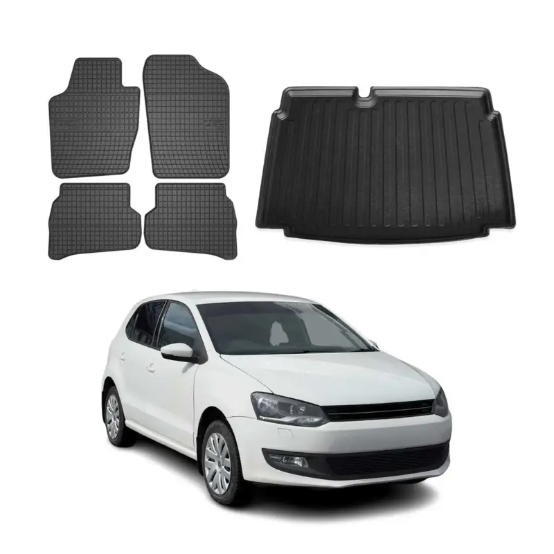 Fußmatten & Kofferraumwanne Set für VW Polo 2009-2014 Untere Gummi Schwarz 5x Neu