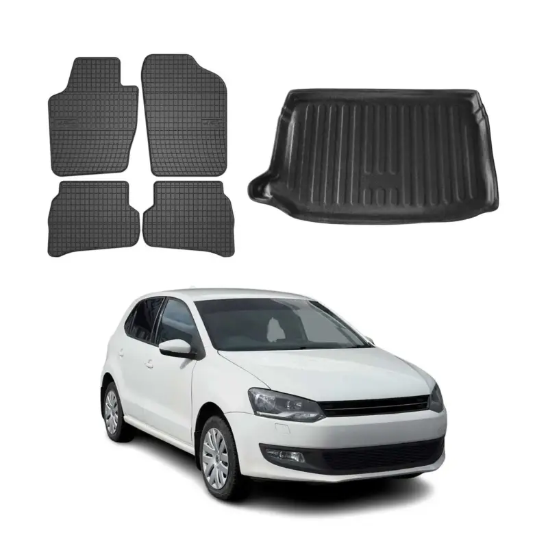 Fußmatten & Kofferraumwanne Set für VW Polo 2009-2014 Obere Gummi Schwarz 5x Highlight