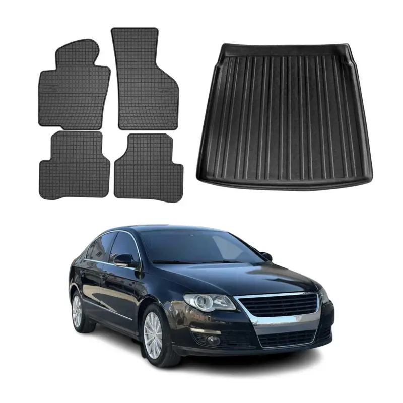 Echt Fußmatten & Kofferraumwanne Set für VW Passat Limo 2005-2010 Untere Schwarz