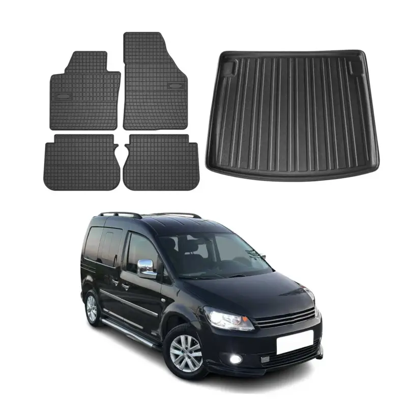 Finale Aktion Fußmatten & Kofferraumwanne Set für VW Caddy 2010-2015 Gummi TPE Schwarz 5x