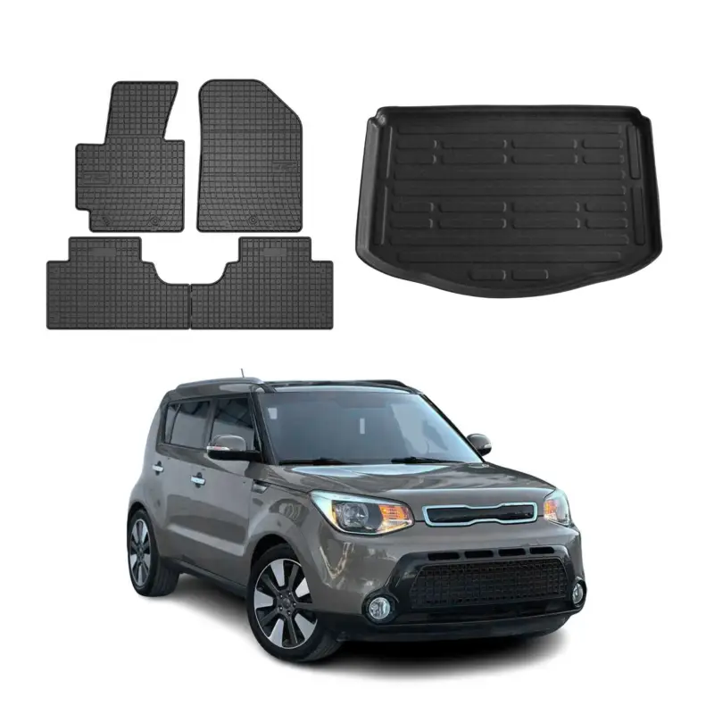 Fußmatten & Kofferraumwanne Set für Kia Soul 2014-2019 Gummi TPE Schwarz 5x Schneller Versand