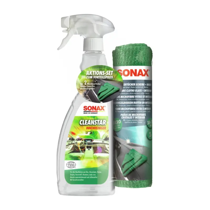 Abverkauf SONAX CleanStar mit MicrofaserTüchern Scheibe+Innen AktionsSet